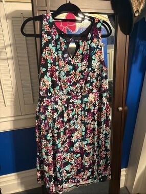 Black Floral Fit-and-Flare Dress with Teal and Pink Accents